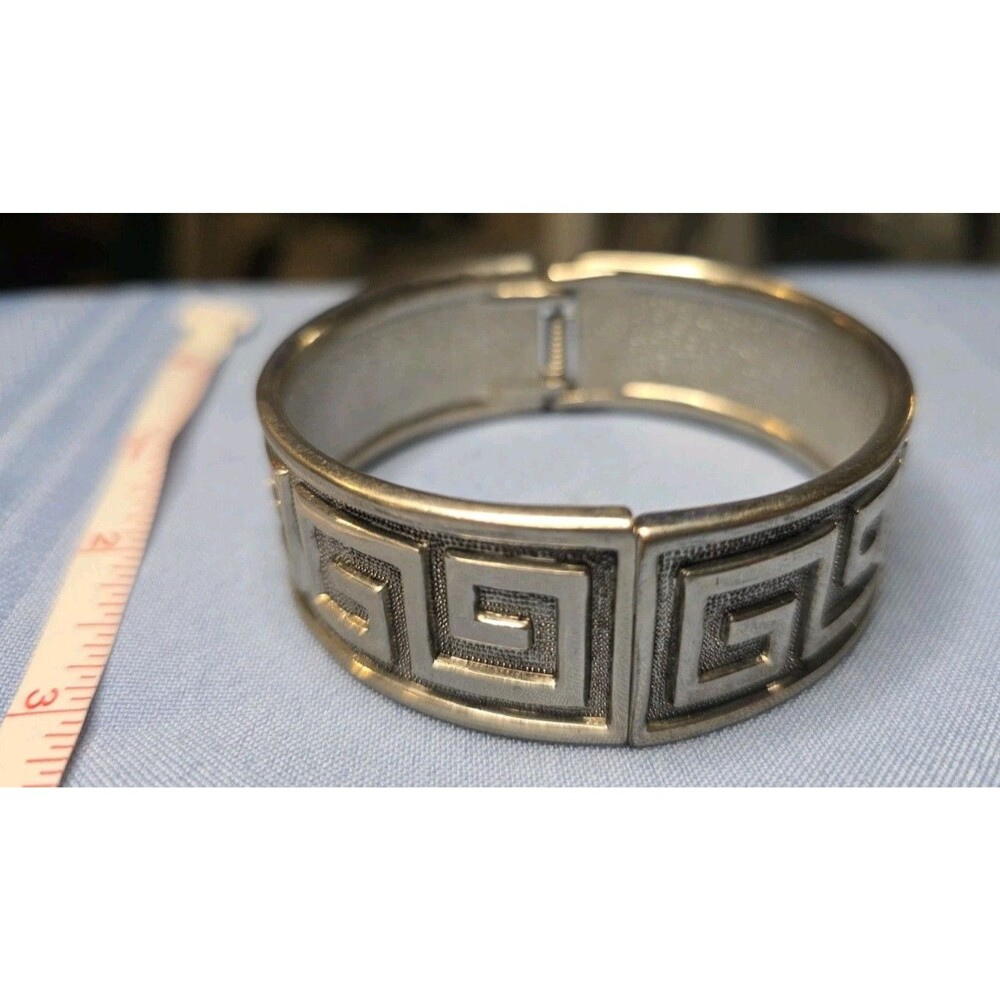 Silver-Tone Greek Key Hinged Bangle Bracelet